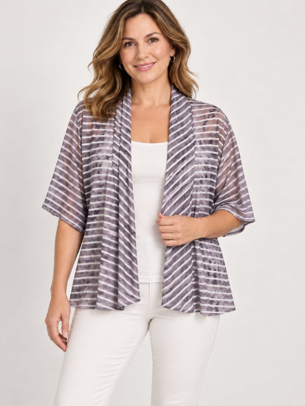C.J. Banks 3X Gray Striped Open Front Draped Cardigan Plus Size